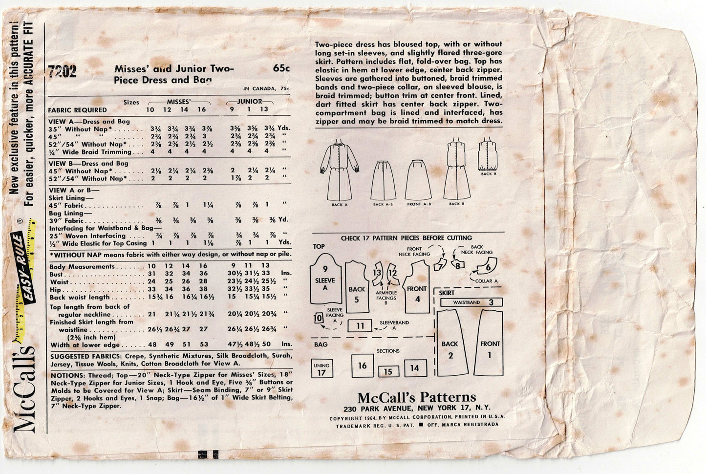 McCall's 7202 Womens Blouse Skirt & Purse 1960s Vintage Sewing Pattern Size 16 Bust 36 inches