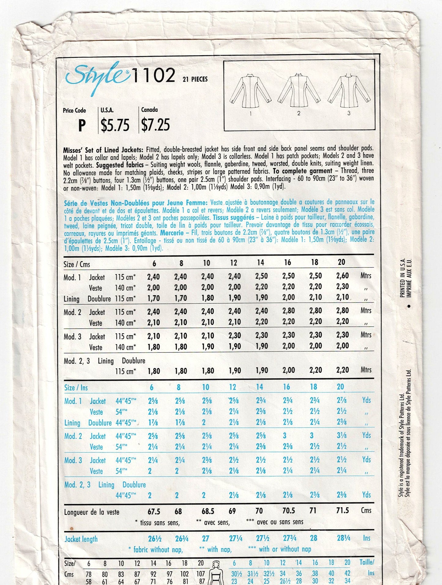 Style 1102 Womens Fitted Lined Double Breasted Jacket 1980s Vintage Sewing Pattern Size 12 Bust 34 Inches UNCUT Factory Folded