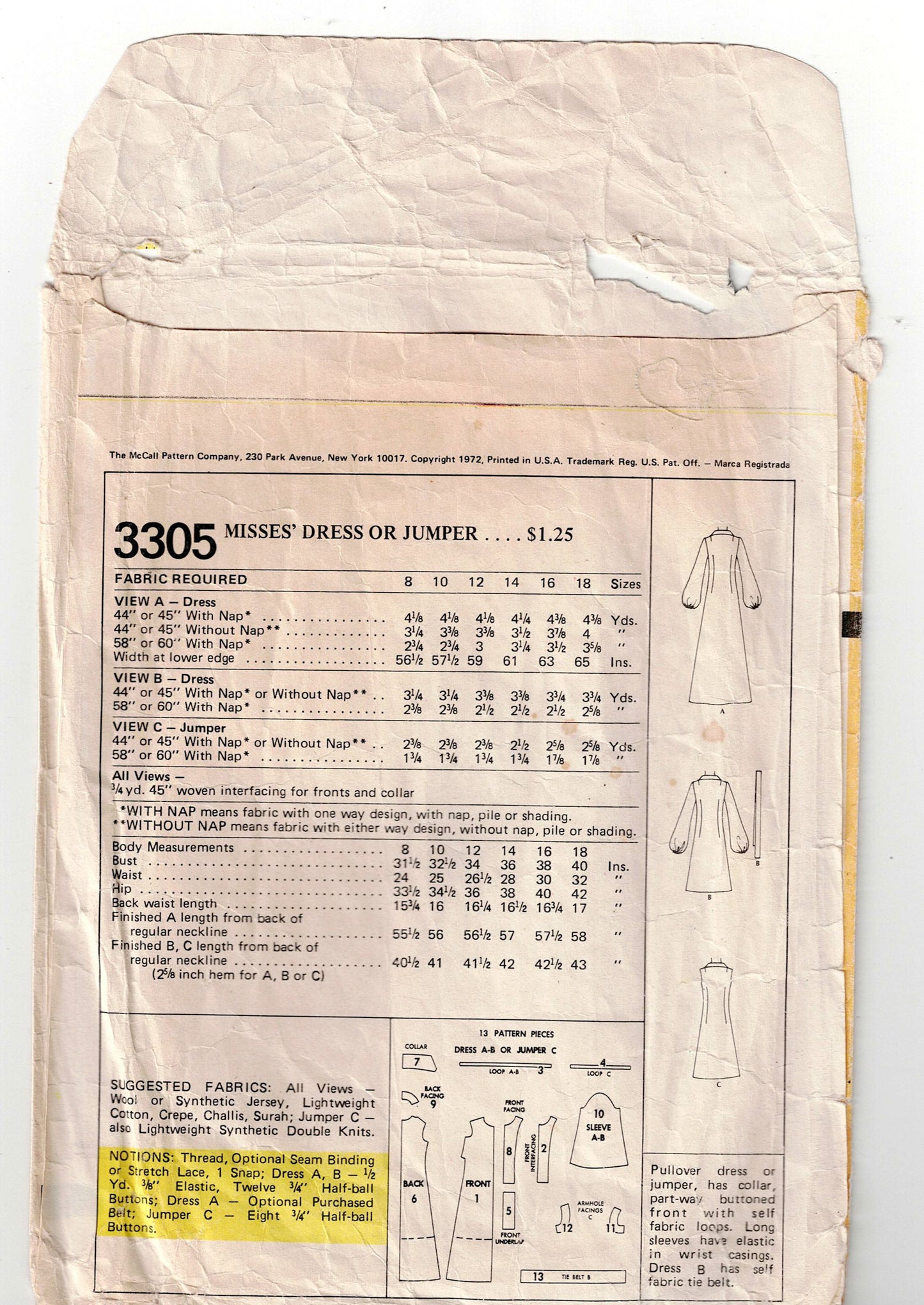 McCall's 3305 Womens Wide Collar Dress or Pinafore 1970s Vintage Sewing Pattern Size 18 Bust 40 Inches