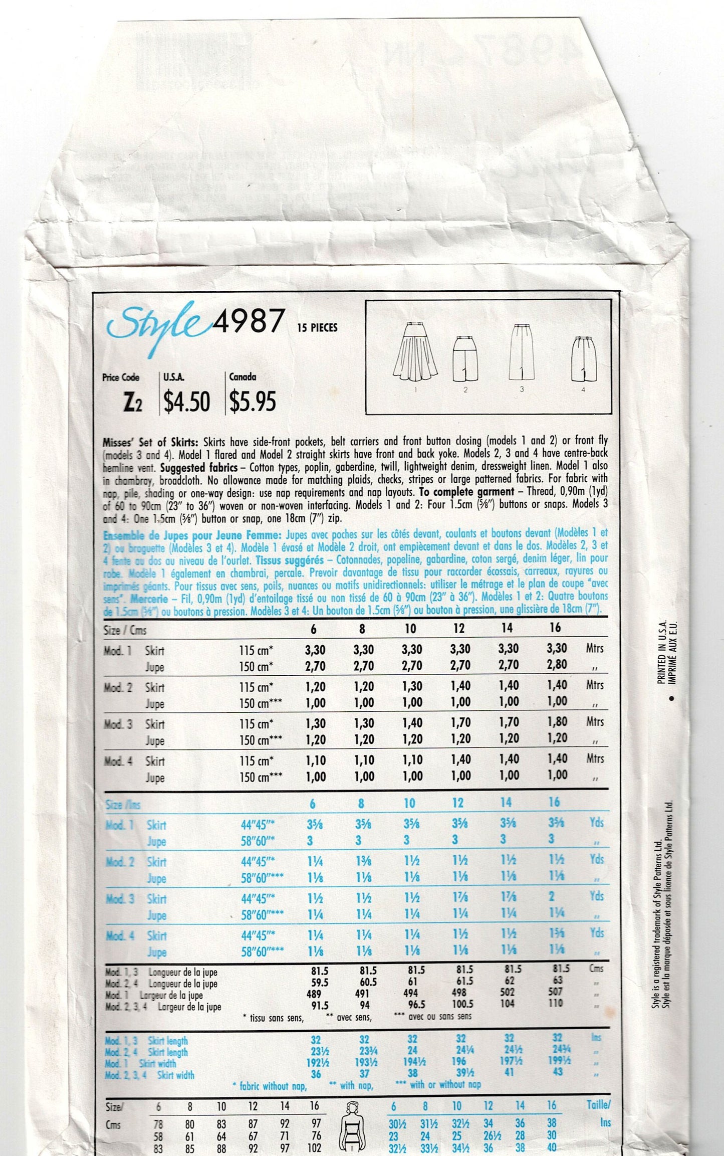Style 4987 Womens Jean Skirts 1970s Vintage Sewing Pattern Size 10 - 16 UNCUT Factory Folded