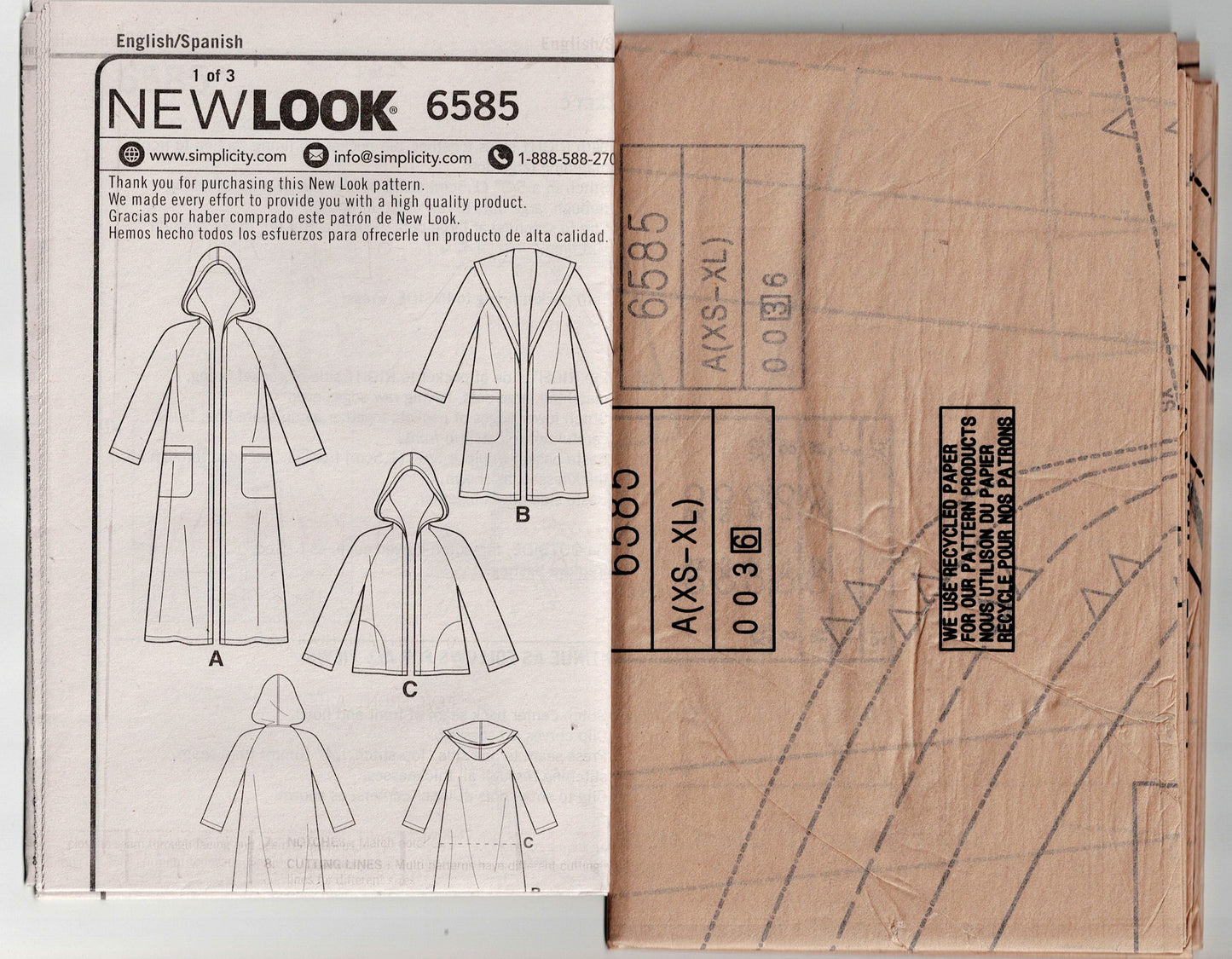 New Look 6585 EASY Womens Reversible Hooded Coat or Hoodie Sewing Pattern Size 6 - 24 UNCUT Factory Folded