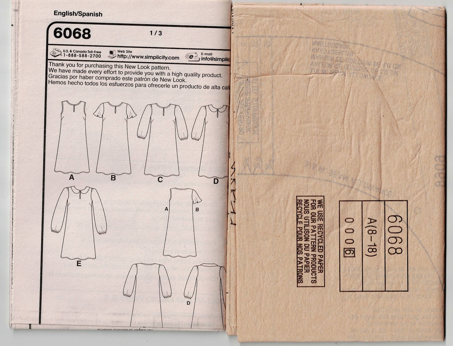 New Look 6068 Womens EASY Pullover Shift Dress Out Of Print Sewing Pattern Size 8 - 18 UNCUT Factory Folded