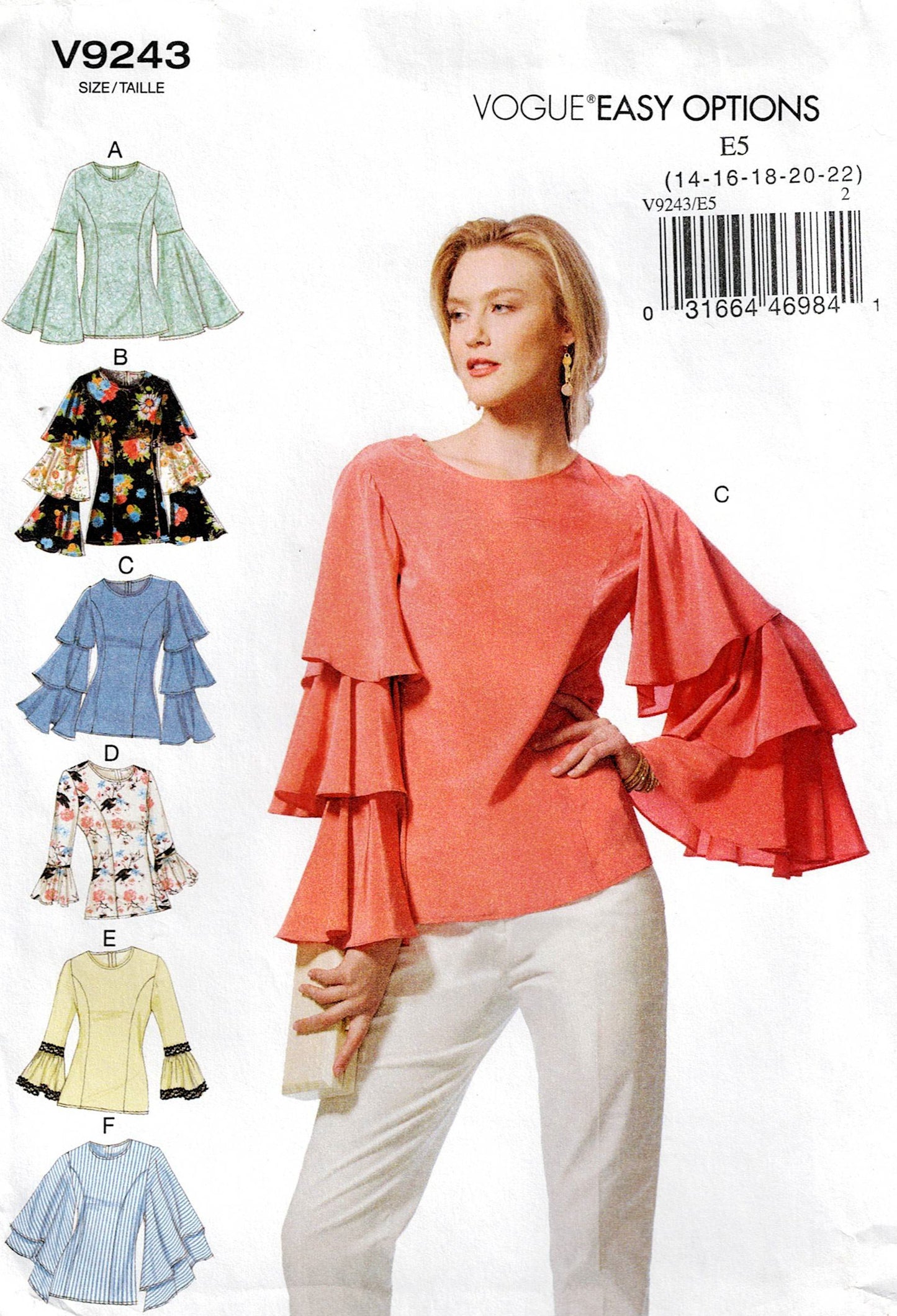 Vogue 9243 Easy Womens Boho Flared Sleeve Tops Sewing Pattern Size 14 - 22 UNCUT Factory Folded