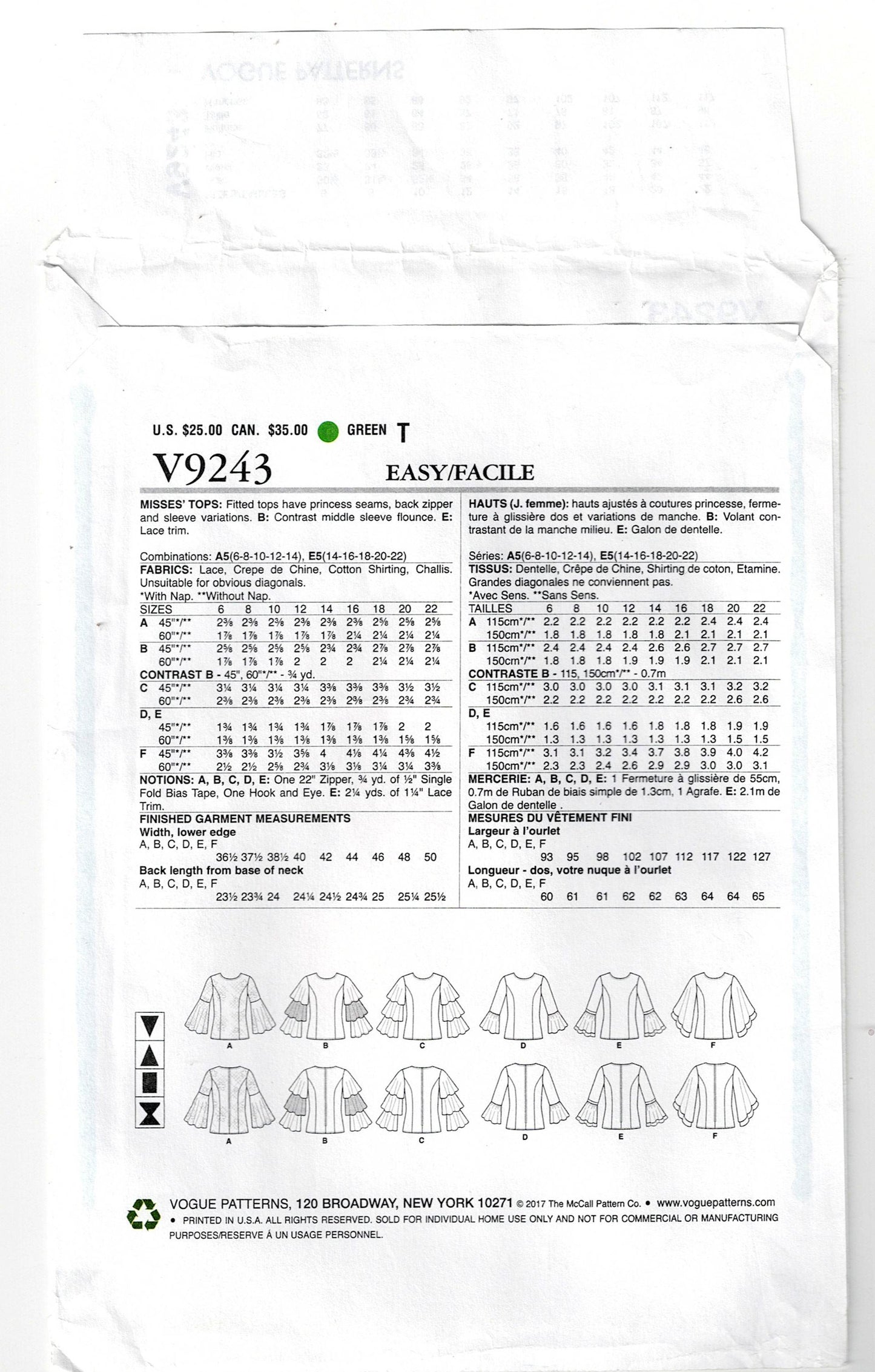 Vogue 9243 Easy Womens Boho Flared Sleeve Tops Sewing Pattern Size 14 - 22 UNCUT Factory Folded