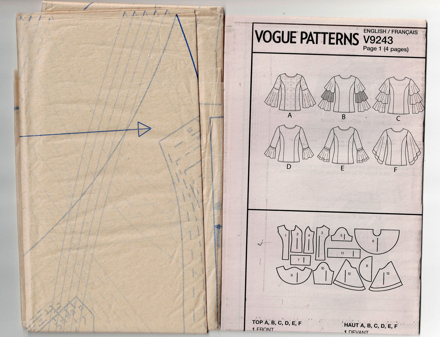 Vogue 9243 Easy Womens Boho Flared Sleeve Tops Sewing Pattern Size 14 - 22 UNCUT Factory Folded