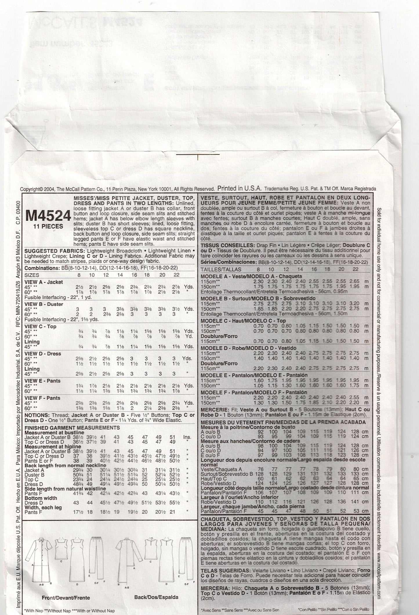 McCall's 4524 Womens Casual Capsule Wardrobe Out Of Print Sewing Pattern Sizes 16 - 22 UNCUT Factory Folded