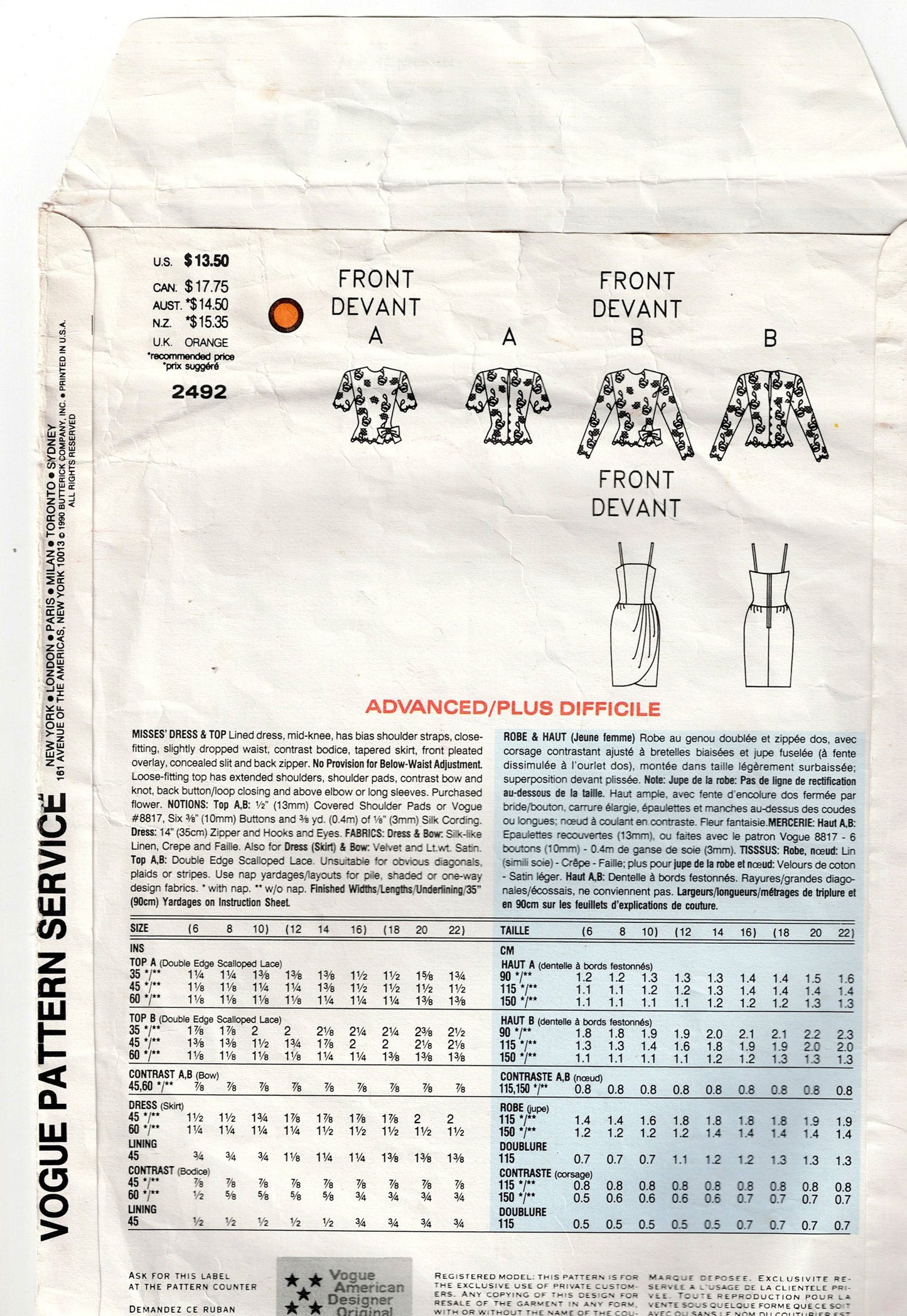 Vogue American Designer 2492 Womens Drop Waisted Evening Sheath Dress & Blouse 1990s Vintage Sewing Pattern Size 6 - 10