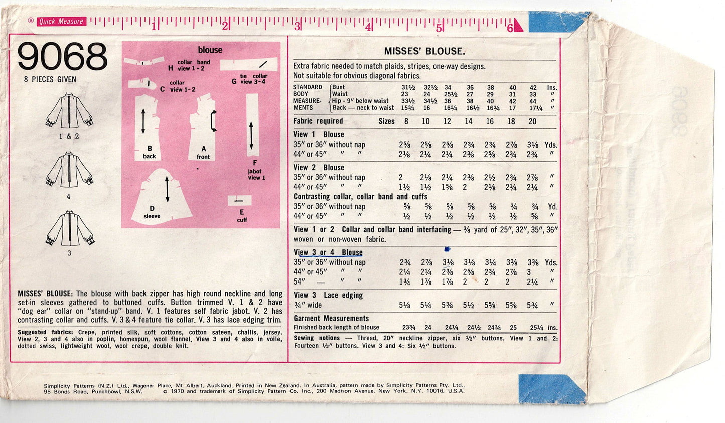 Simplicity 9068 Womens Dog Eared Collar Blouse 1970s Vintage Sewing Pattern Size 12 Bust 34 Inches