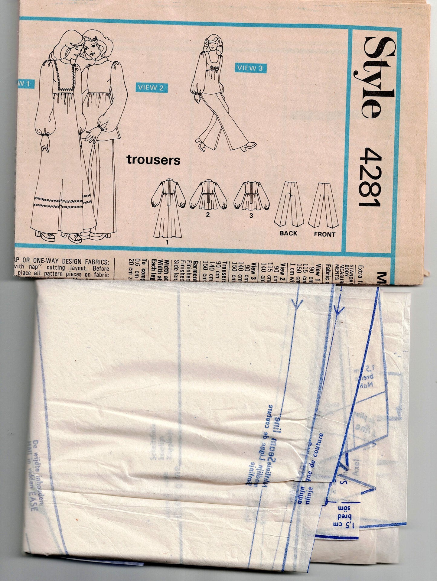 Style 4281 Womens High Waisted Smock Top Maxi Dress & Wide Leg Pants 1970s Vintage Sewing Pattern Size 10 Bust 32.5 Inches