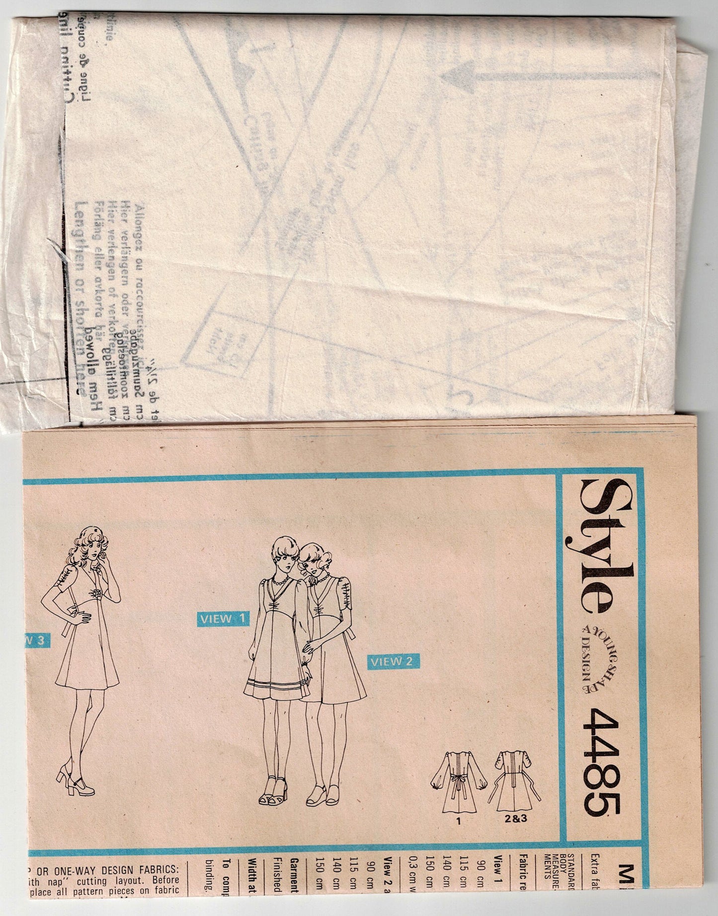 Style 4485 Womens High Waisted Mini Dress with Ruched Sleeves 1970s Vintage Sewing Pattern Size 10 Bust 32.5 Inches