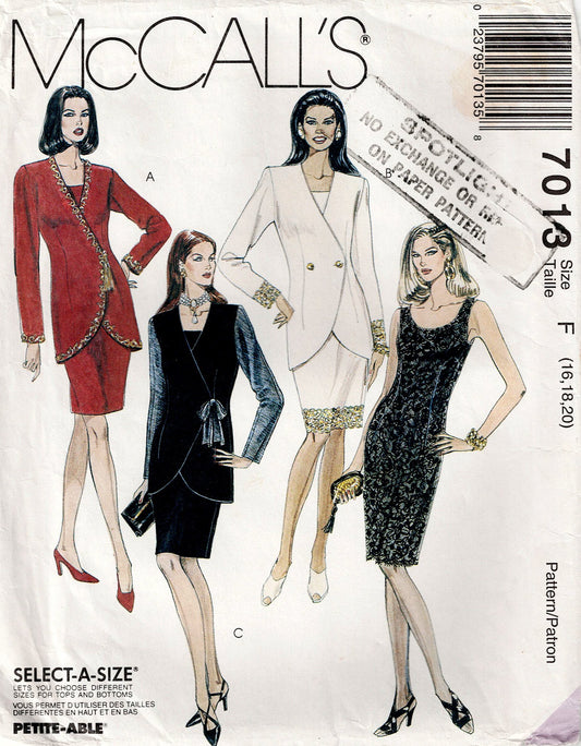 McCall's 7013 Womens Sheath Dress & Long Curved Hem Jacket 1990s Vintage Sewing Pattern Size 16 - 20 UNCUT Factory Folded