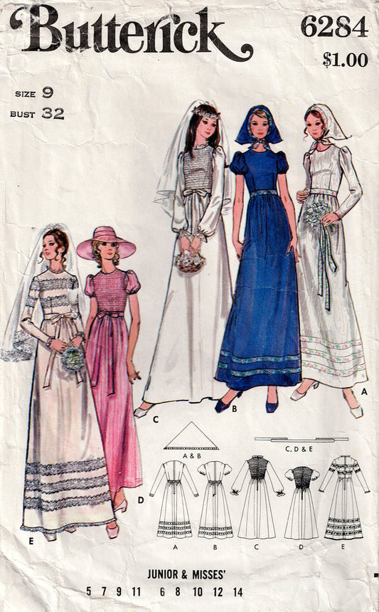 Butterick 6284 RARE Junior Teen Wedding Dress with Optional Pin Tucked Bodice 1970s Vintage Sewing Pattern Size 9 Bust 32 inches