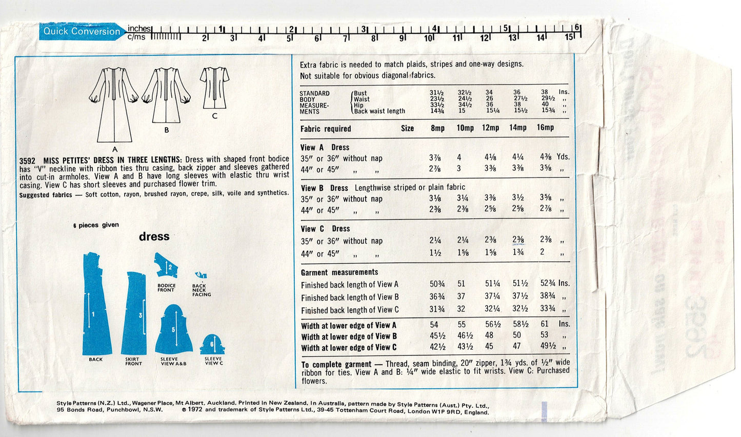 Style 3592 Misses Petite High Waisted Dress with Drawstring Neck 1970s Vintage Sewing Pattern Size 14MP Bust 36 inches
