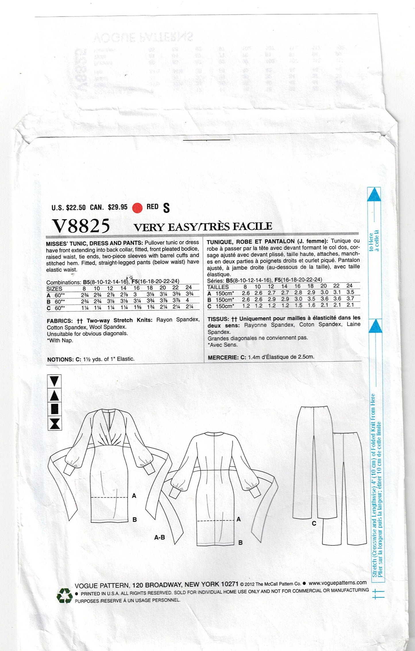 Vogue 8825 Womens Pullover Wrap Bodice Dress Tunic & Pants Sewing Pattern Size 8 - 16 UNCUT Factory Folded