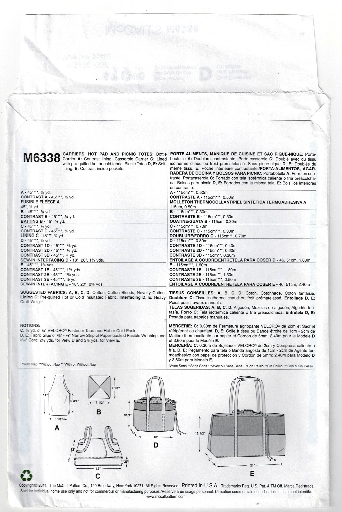 McCall's 6338 Tote Bag & Picnic Accessories Out Of Print Sewing Pattern UNCUT Factory Folded