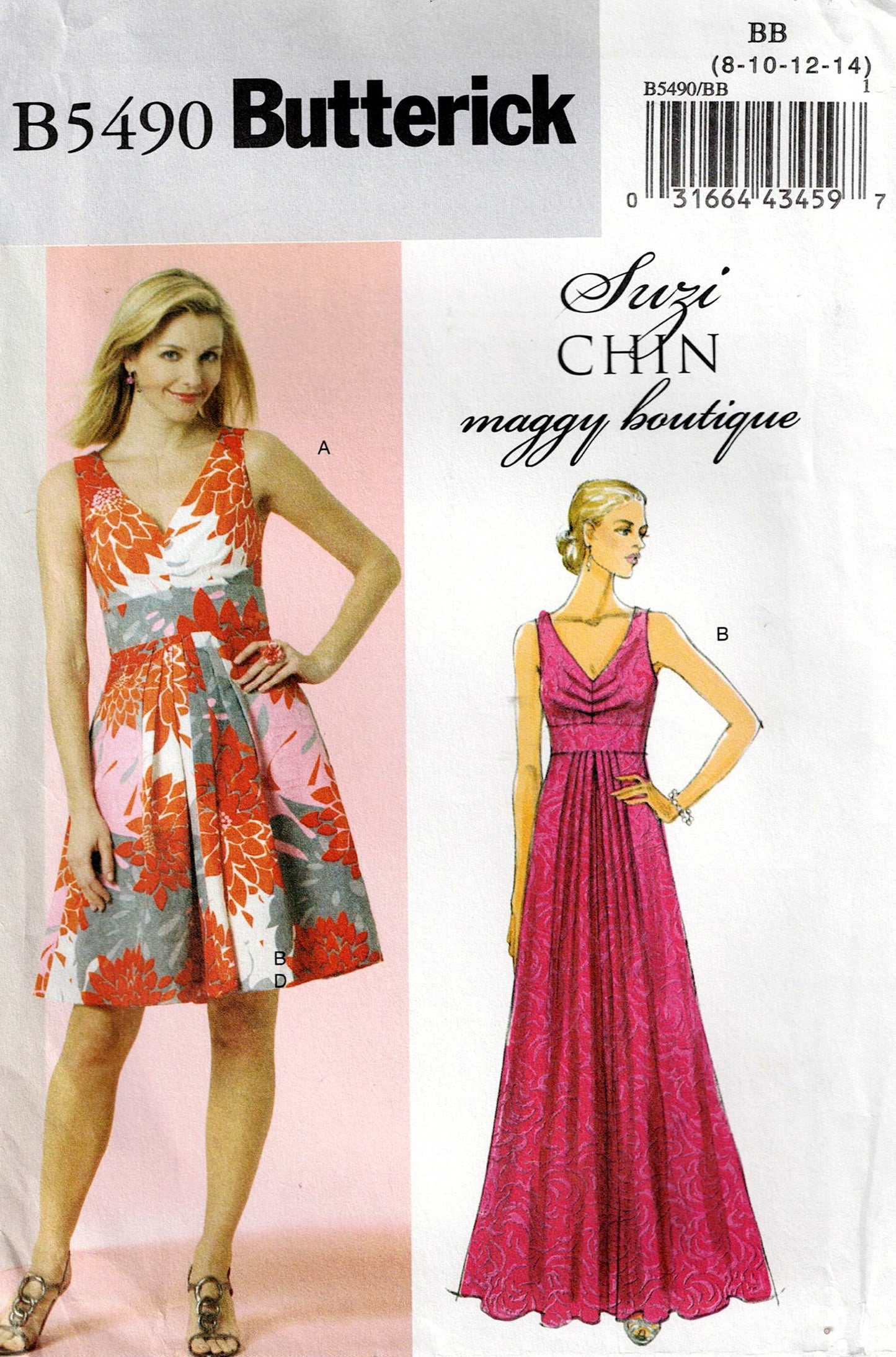 Butterick 5490 SUZI CHIN Womens Pleated Midriff Band Dress Out Of Print Sewing Pattern Size 8 - 12 UNCUT Factory Folded