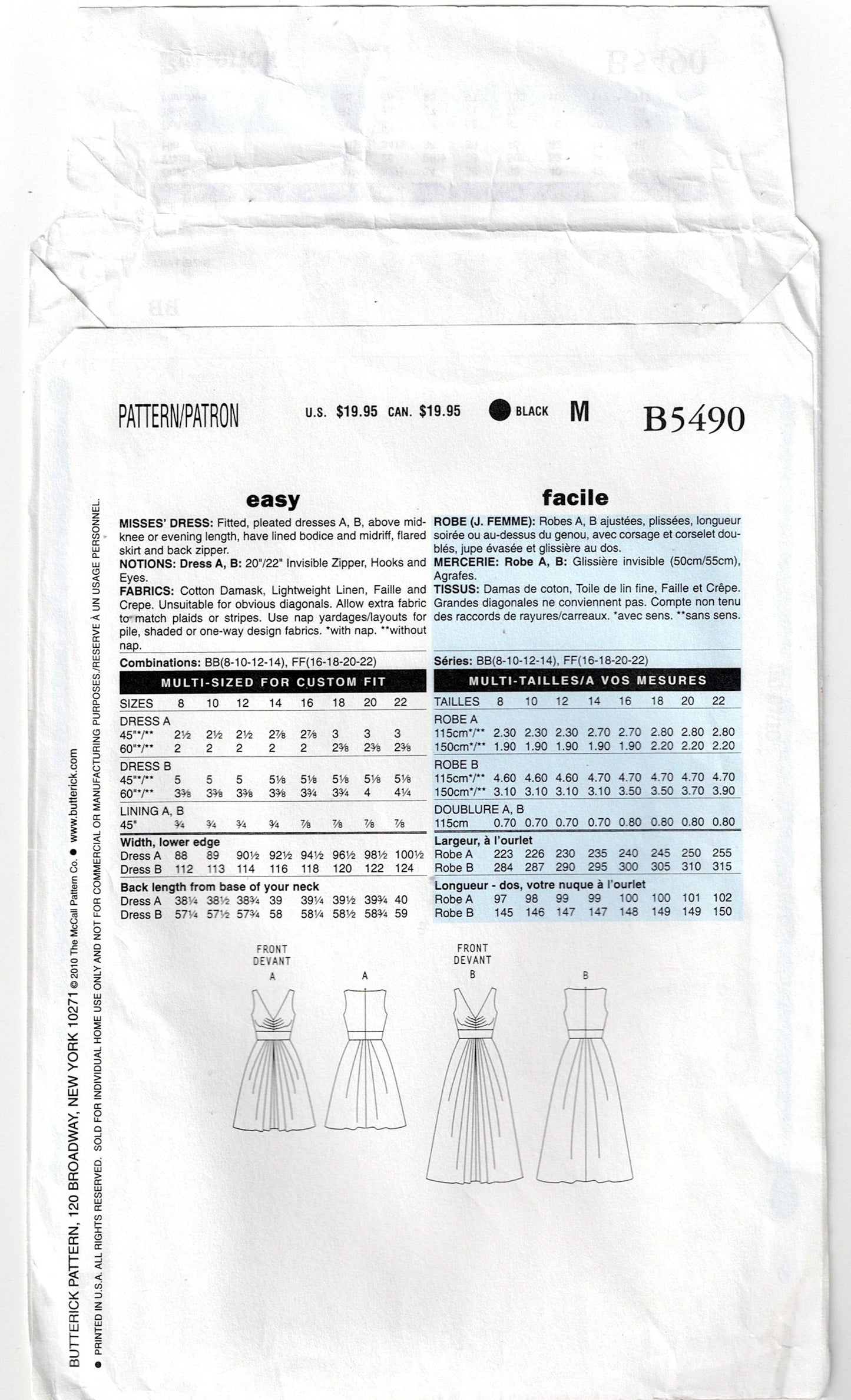 Butterick 5490 SUZI CHIN Womens Pleated Midriff Band Dress Out Of Print Sewing Pattern Size 8 - 12 UNCUT Factory Folded