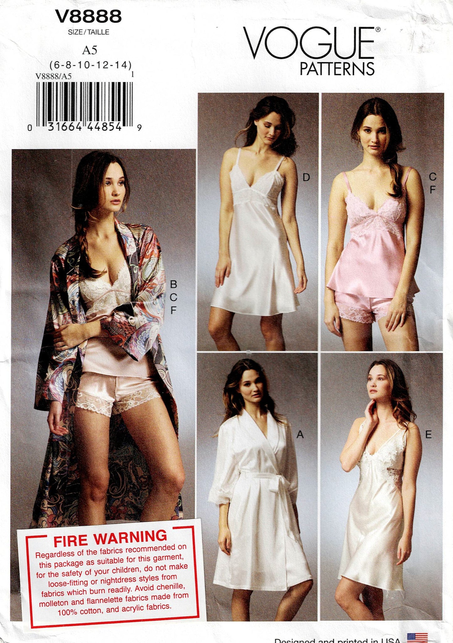 Vogue 8888 Womens Luxury Lingerie Sleepwear Sewing Pattern Size 6 - 14 or 14 - 20 UNCUT Factory Folded