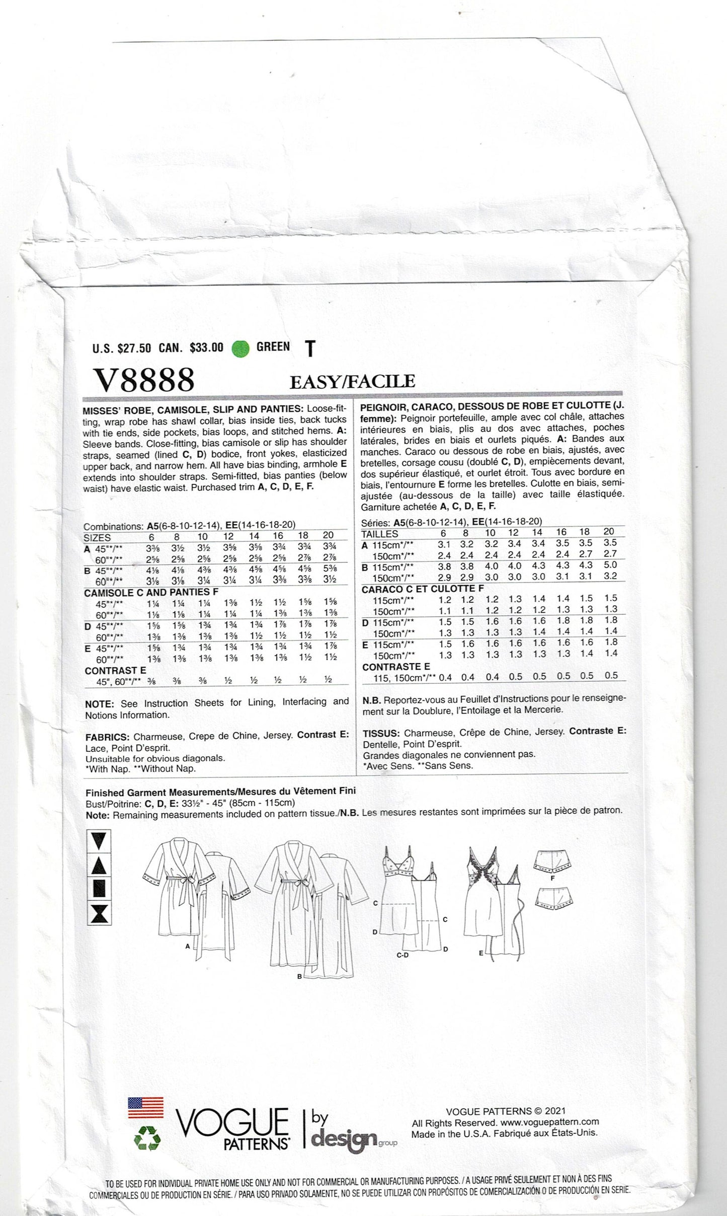 Vogue 8888 Womens Luxury Lingerie Sleepwear Sewing Pattern Size 6 - 14 or 14 - 20 UNCUT Factory Folded
