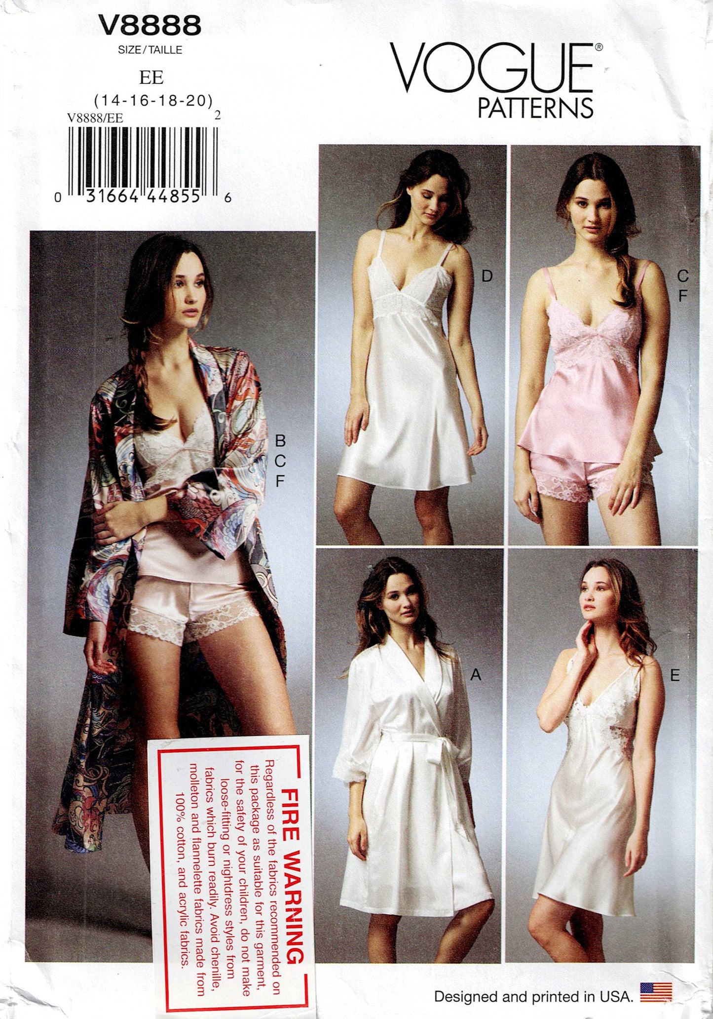Vogue 8888 Womens Luxury Lingerie Sleepwear Sewing Pattern Size 6 - 14 or 14 - 20 UNCUT Factory Folded