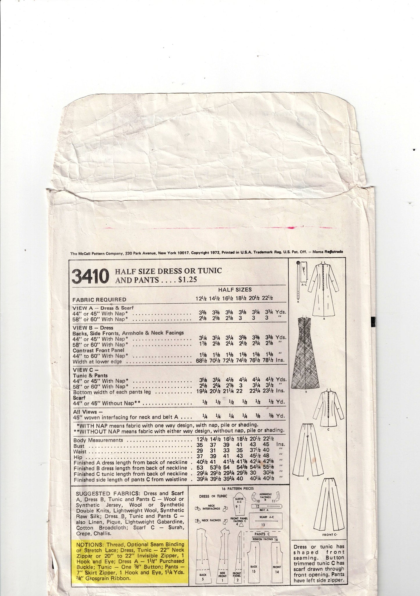 McCall's 3410 Womens Colour Block Dress Tunic & Pants 1970s Vintage Sewing Pattern Bust 43 Inches