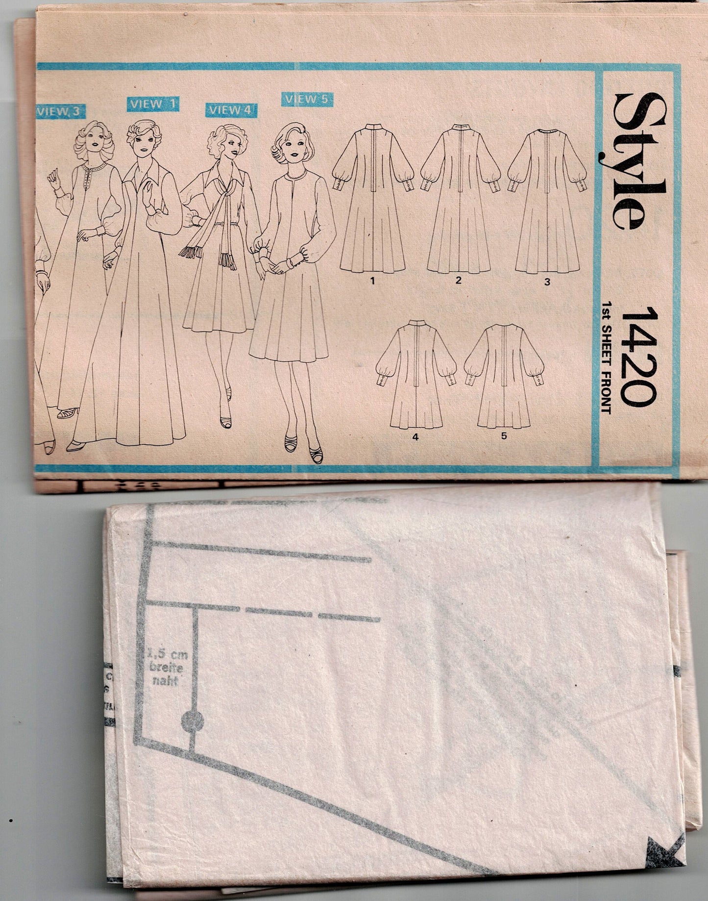 Style 1420 Womens Boho Caftan or Maxi Dress with Cowl Neck or Wide Collar 1970s Vintage Sewing Pattern Bust 44 & 46 Inches