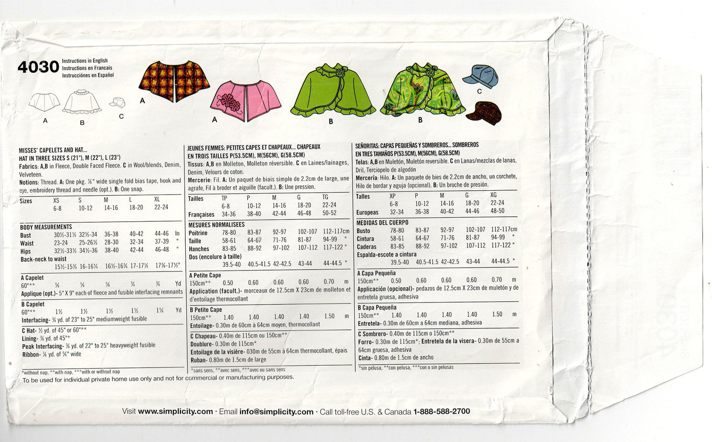 Simplicity 4030 Womens EASY Capelets & Hat Out Of Print Sewing Pattern UNCUT Factory Folded