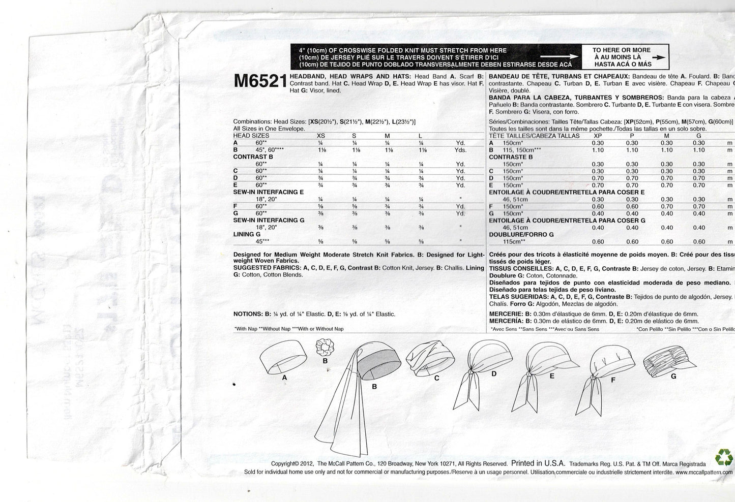 McCall's 6521 Womens EASY Stretch Headband Wrap & Hats Out Of Print Sewing Pattern Size XS - L UNCUT Factory Folded