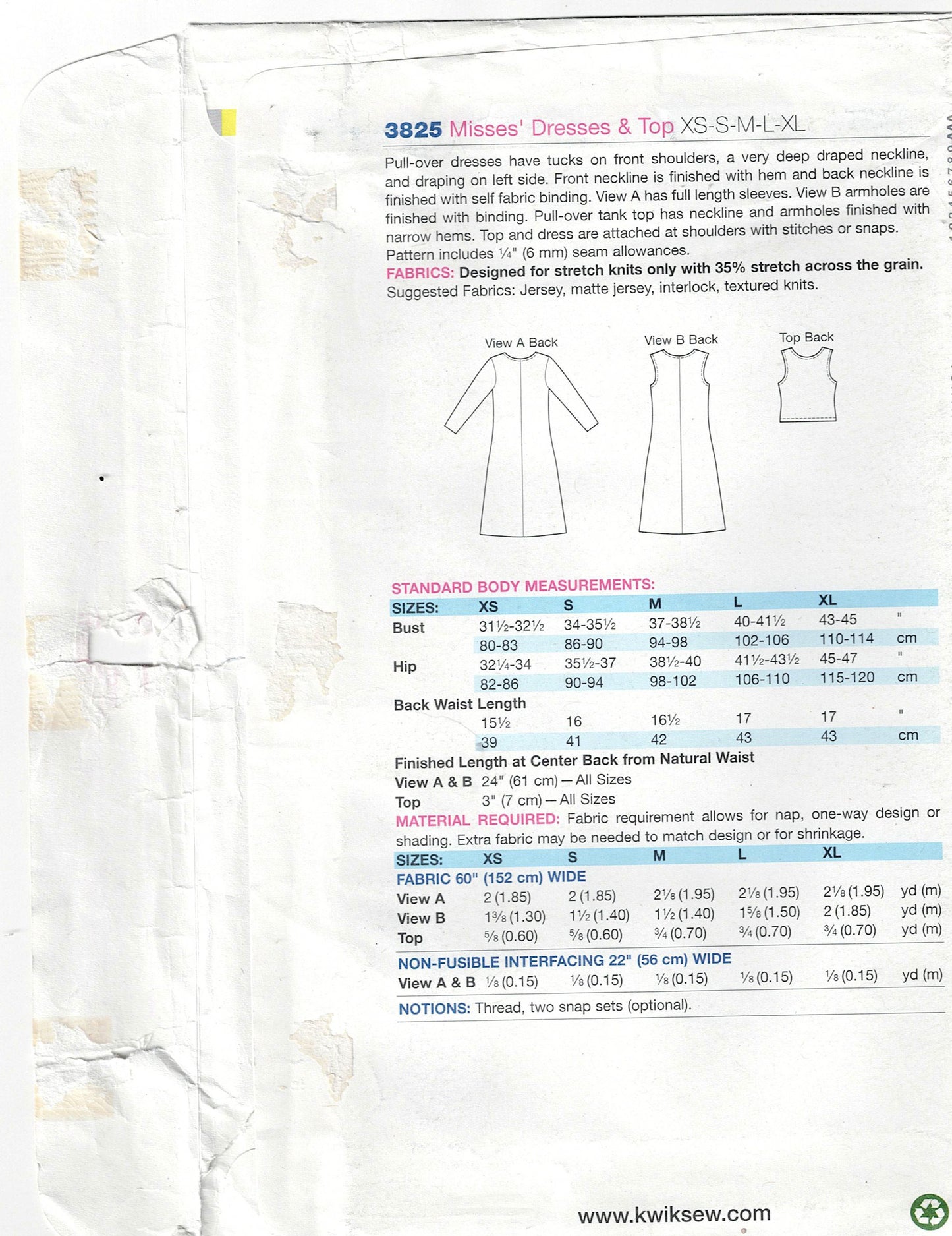 Kwik Sew 3825 Womens Stretch Knit Asymmetric Draped Dress Out Of Print Sewing Pattern Size XS - XL UNCUT Factory Folded