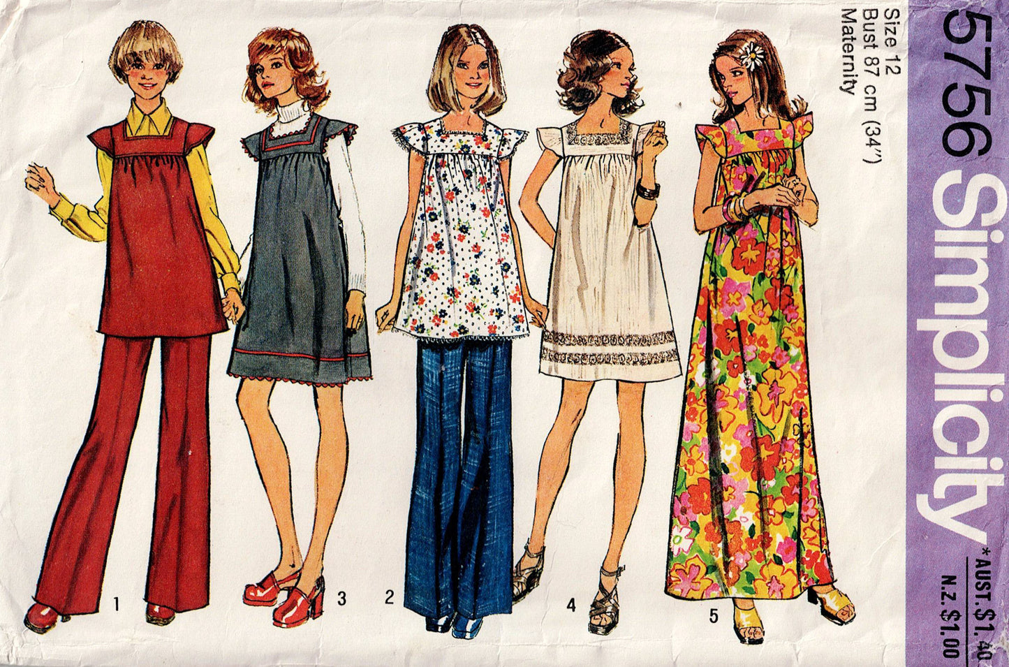 Simplicity 5756 Womens Retro Maternity Dress Tunic & Pants 1970s Vintage Sewing Pattern Size 10 or 12