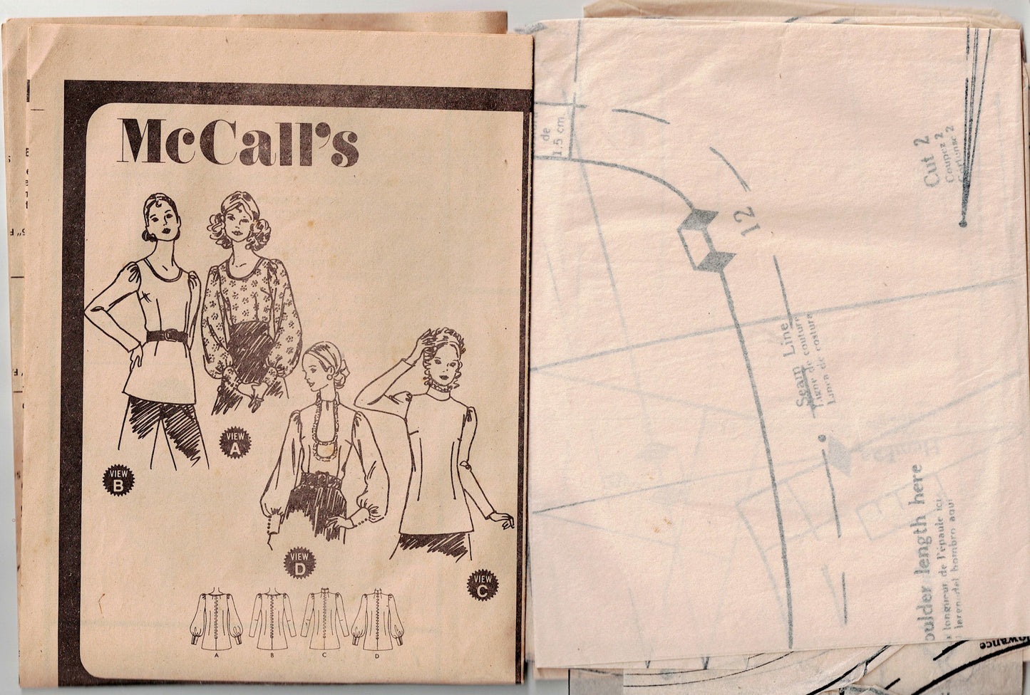 McCall's 3012 Womens Back Zippered Full Sleeved Blouse 1970s Vintage Sewing Pattern Size 14 Bust 36 inches