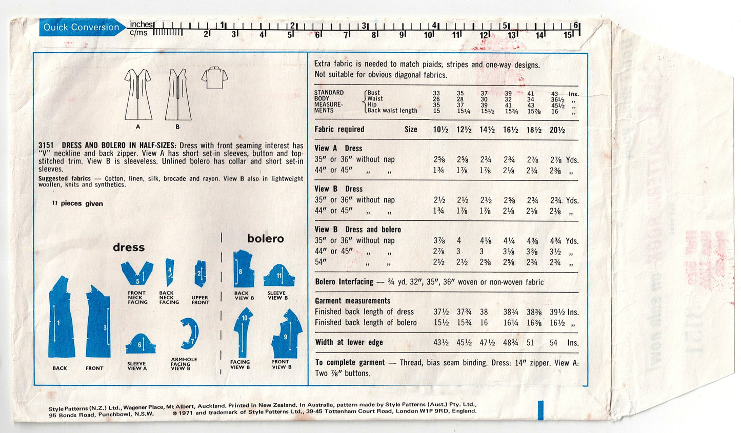 Style 3151 Womens Half Sized Shift Dress & Bolero 1970s Vintage Sewing Pattern Bust 35 inches