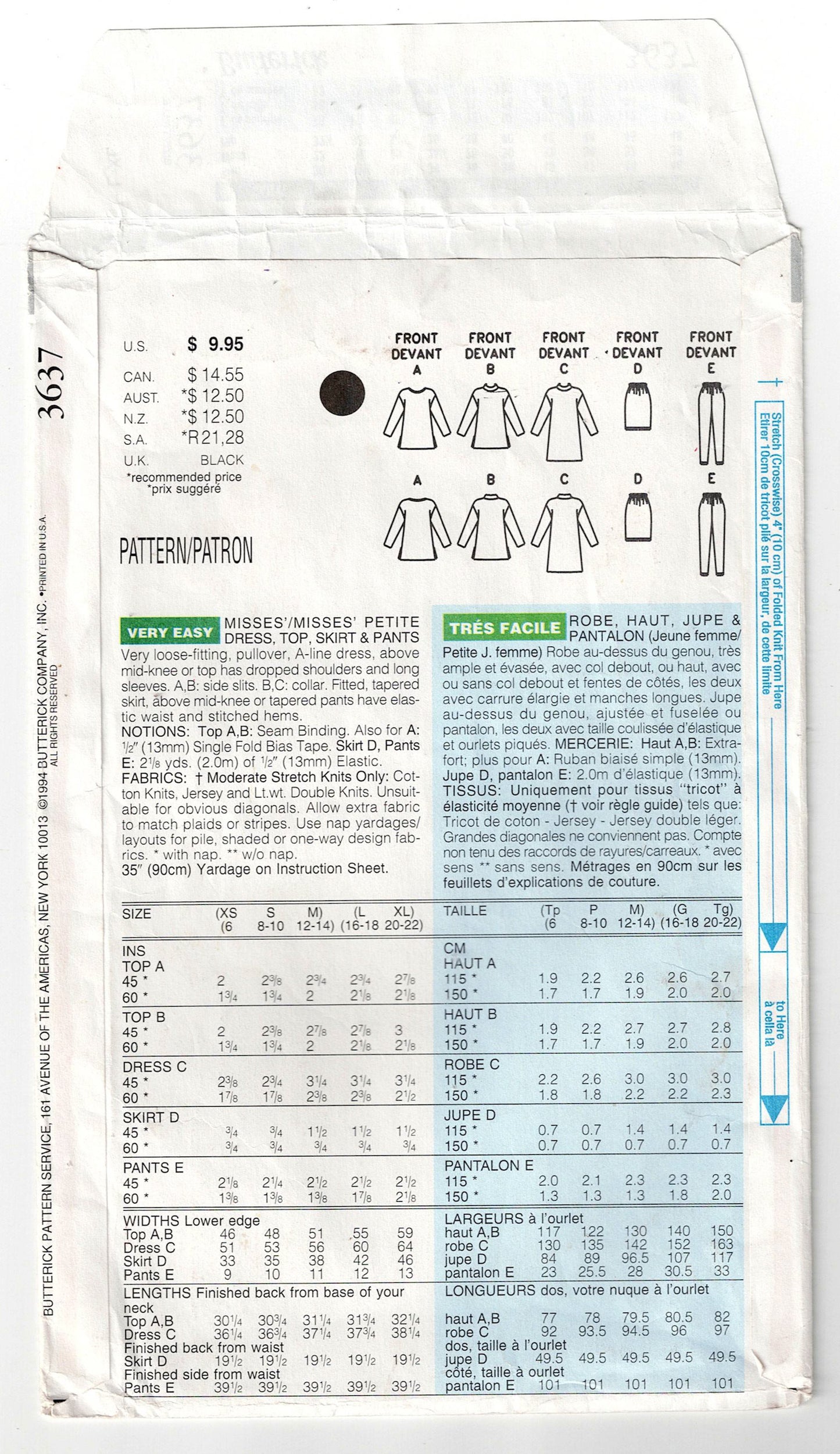 Butterick 3637 Womens Stretch Knit Separates Wardrobe Out Of Print Sewing Pattern Sizes L-XL UNCUT Factory Folded