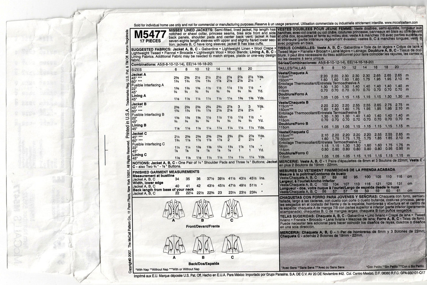 McCall's 5477 Womens Shaped Lined Jacket with Ruffles Out Of Print Sewing Pattern Size 14 - 20 UNCUT Factory Folded