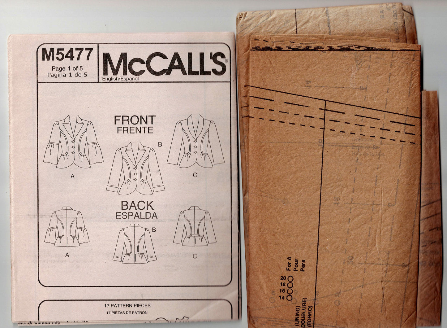 McCall's 5477 Womens Shaped Lined Jacket with Ruffles Out Of Print Sewing Pattern Size 14 - 20 UNCUT Factory Folded