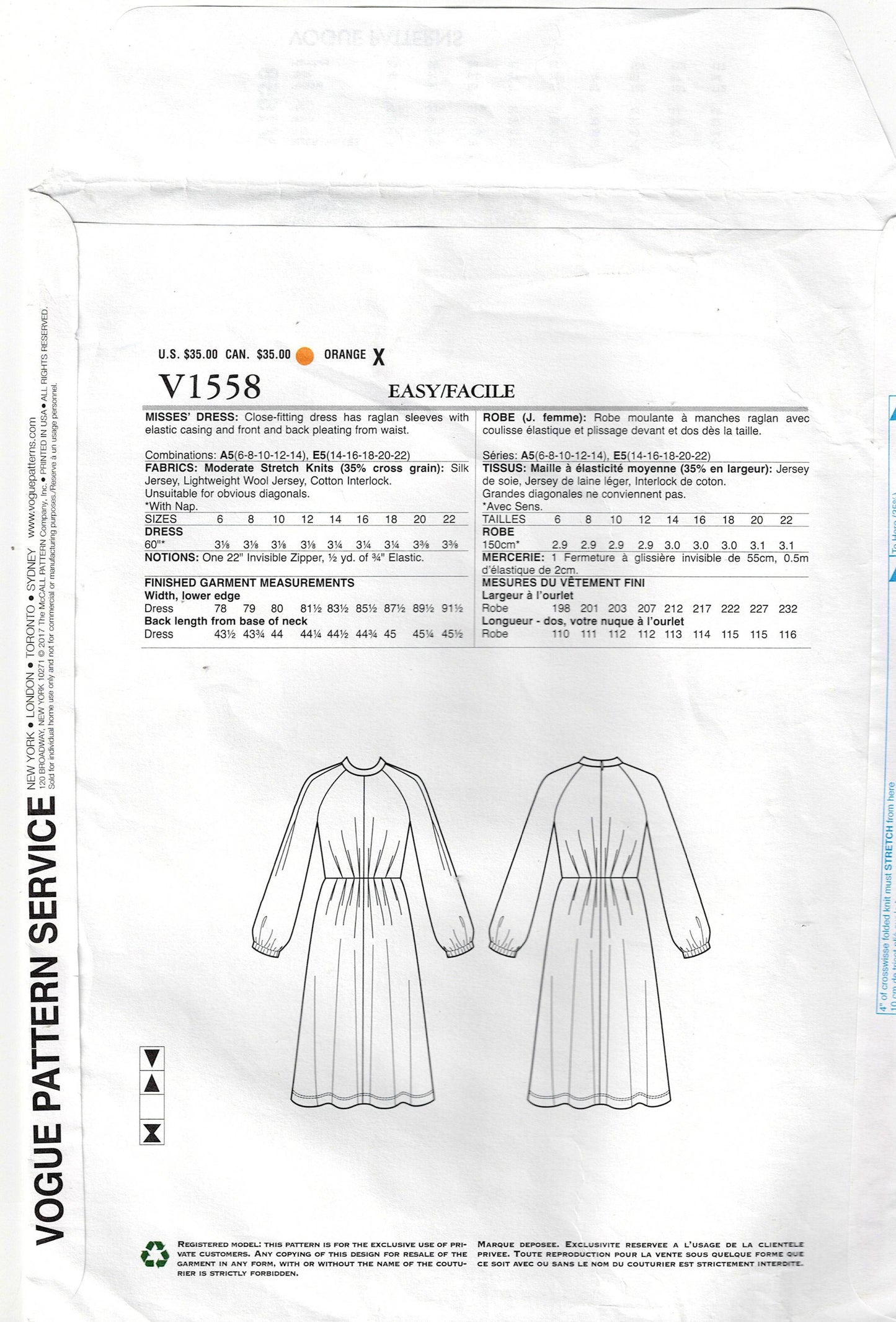 Vogue American Designer 1558 RACHEL COMEY Womens Stretch Knit Waist Pleated Dress Out Of Print Sewing Pattern Sizes 6 - 14 UNCUT Factory Folded