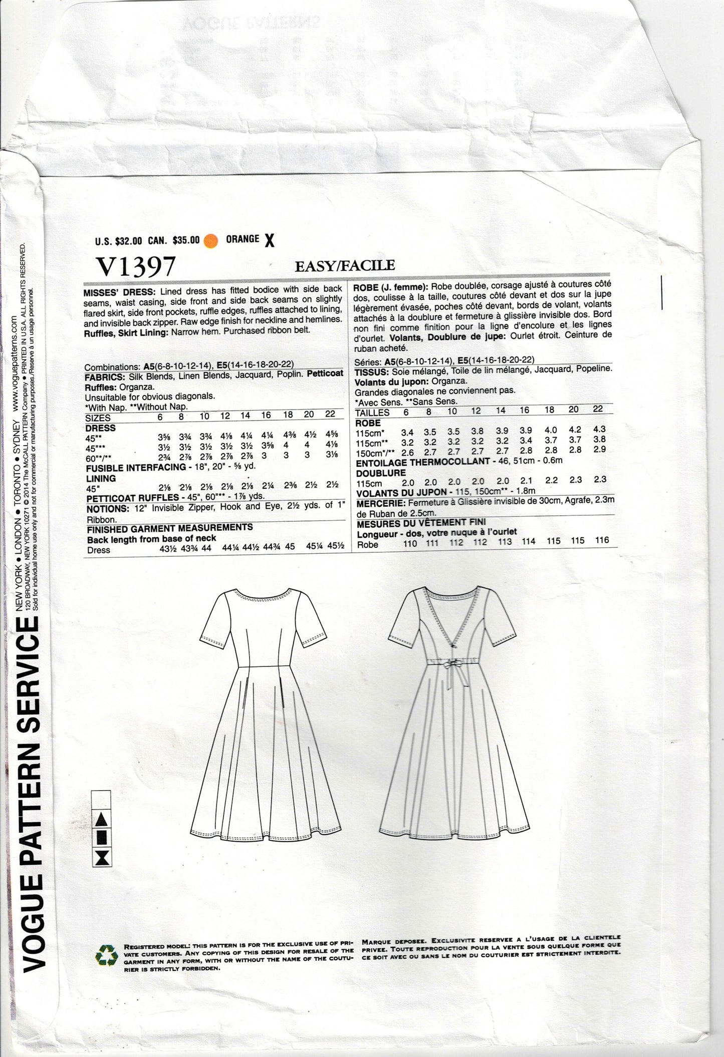 Vogue American Designer 1397 TRACY REESE Womens Lined V Back Dress with Front Pockets Out Of Print Sewing Pattern Sizes 6 - 14 UNCUT Factory Folded
