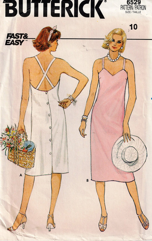 Butterick 6529 Womens Back Buttoned Slip Dress 1980s Vintage Sewing Pattern Size 10 Bust 32.5 inches UNCUT Factory Folded