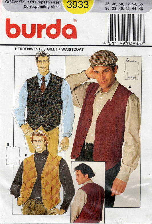 Burda 3933 Mens Plain or Contrast Edged Vests 1980s Vintage Sewing Pattern Size 36 - 46 UNCUT Factory Folded