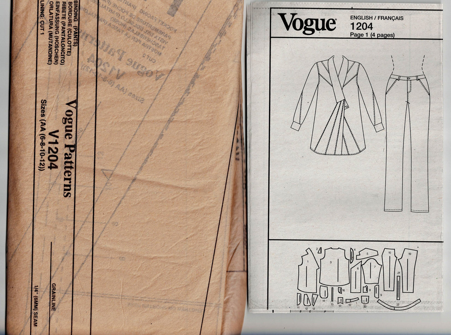 Vogue Designer Original 1204 ISSEY MIYAKE Womens Asymmetric Pleated Tunic Top & Hipster Pants or Jeans Out Of Print Sewing Pattern Size 6 - 12 UNCUT Factory Folded