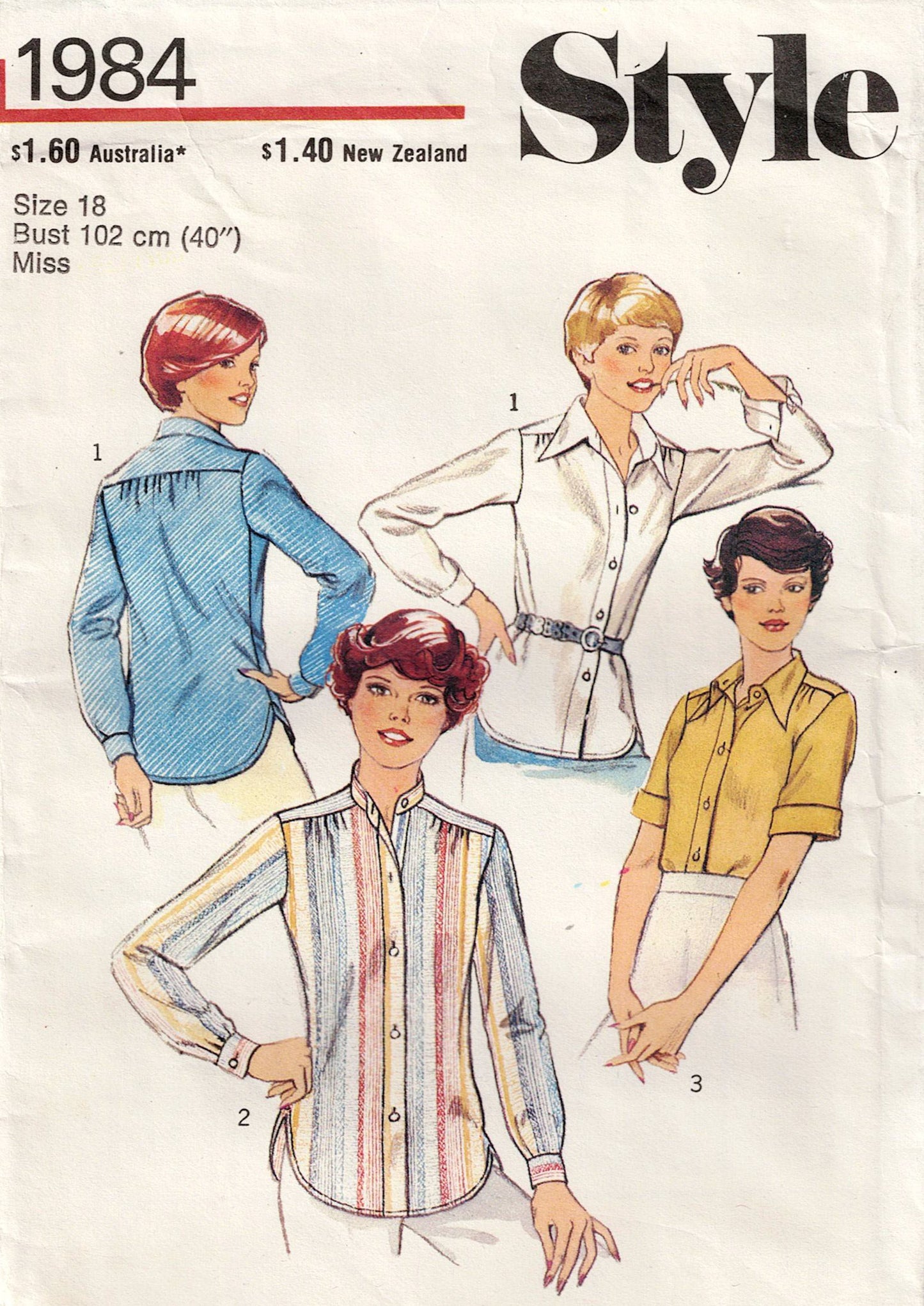 Style 1984 Womens Classic Shirts 1970s Vintage Sewing Pattern Size 16 or 18 Bust 38 or 40 Inches
