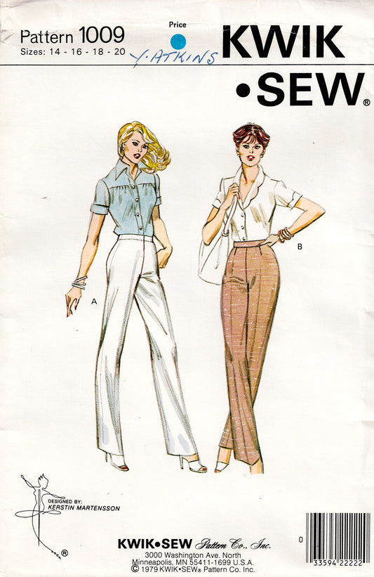 Kwik Sew 1009 Womens Stretch Knit Straight Leg Pants 1970s Vintage Sewing Pattern Waist 28 - 34 Inches UNCUT Factory Folded