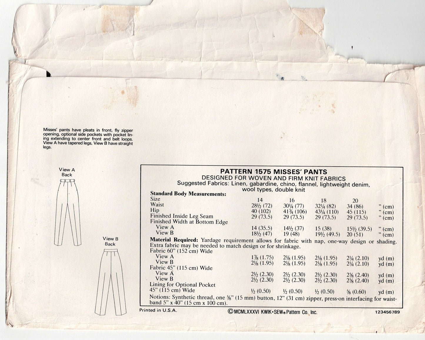 Kwik Sew 1575 Womens Pleated Pants 1980s Vintage Sewing Pattern Waist 28 - 34 Inches UNCUT Factory Folded