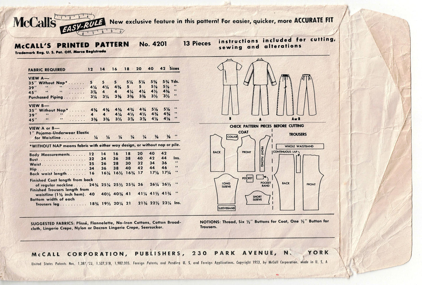 McCall's 4201 Womens Classic Button Front Pyjamas 1950s Vintage Sewing Pattern Size 14 Bust 34 inches