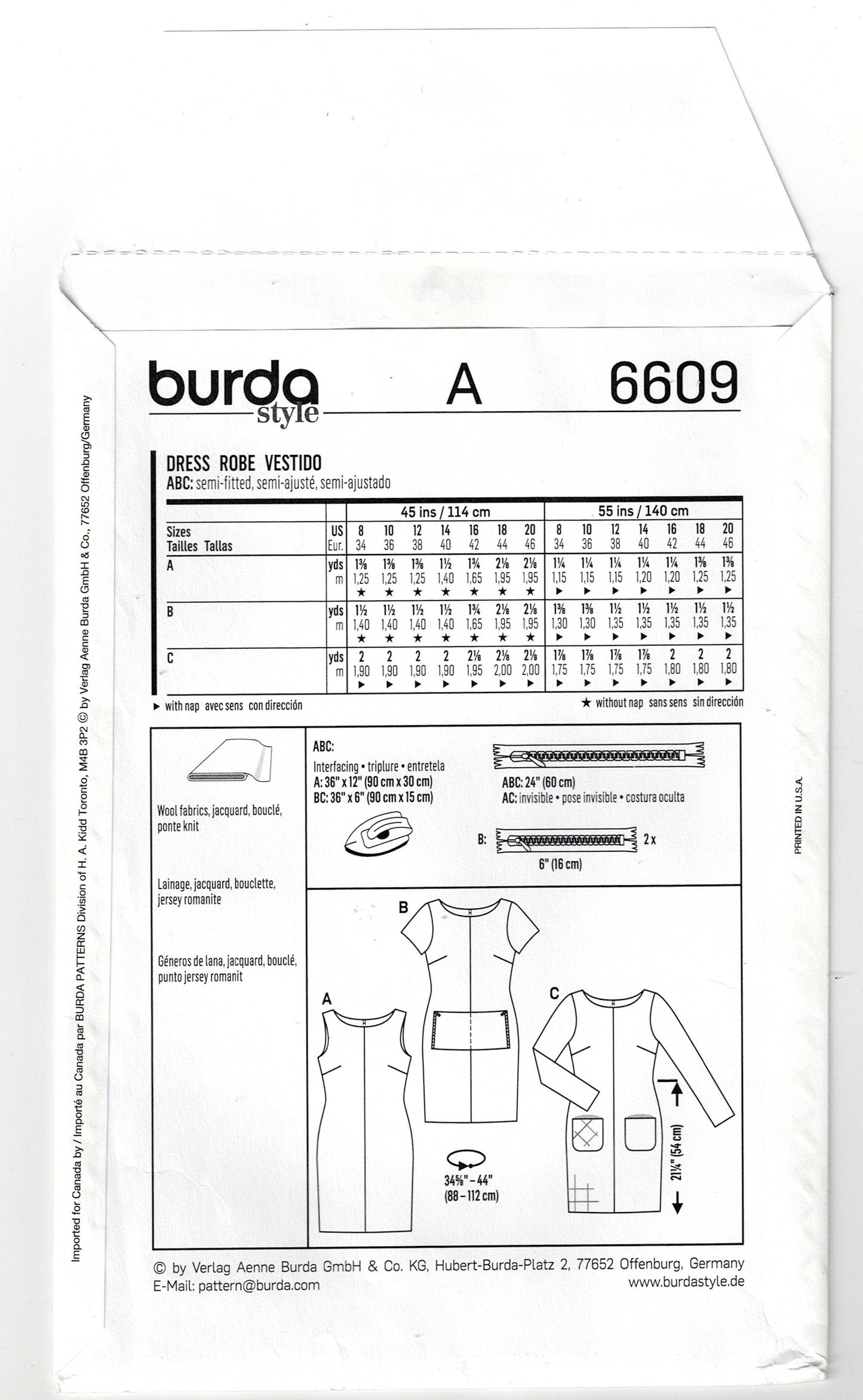 Burda Style 6609 Womens EASY Pullover Shift Dress with Pockets Sewing Pattern Sizes 8 - 20 UNCUT Factory Folded