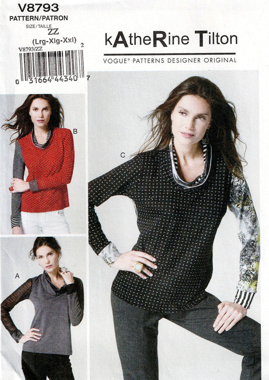 Patrón de costura original de diseñador Vogue V8793 KATHERINE TILTON para blusas elásticas con bloques de color para mujer, agotado, talla XS a M, sin cortar, doblado de fábrica