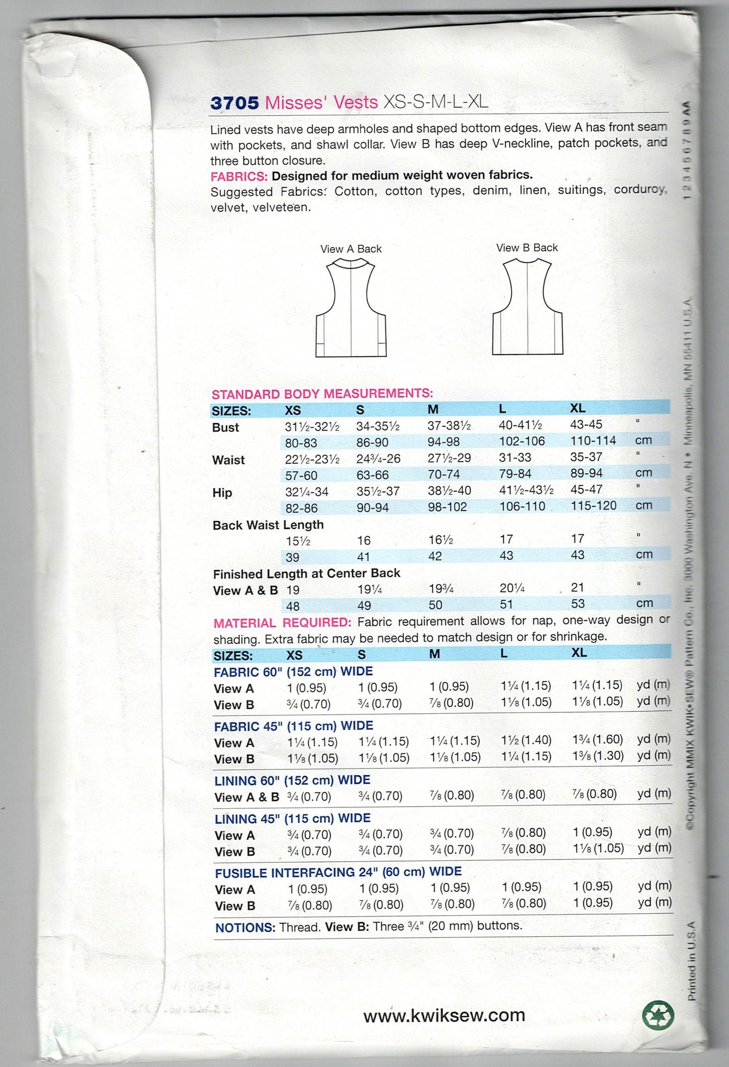 Kwik Sew 3705 Womens Vest in 2 Styles Out Of Print Sewing Pattern Size XS - XL UNCUT Factory Folded