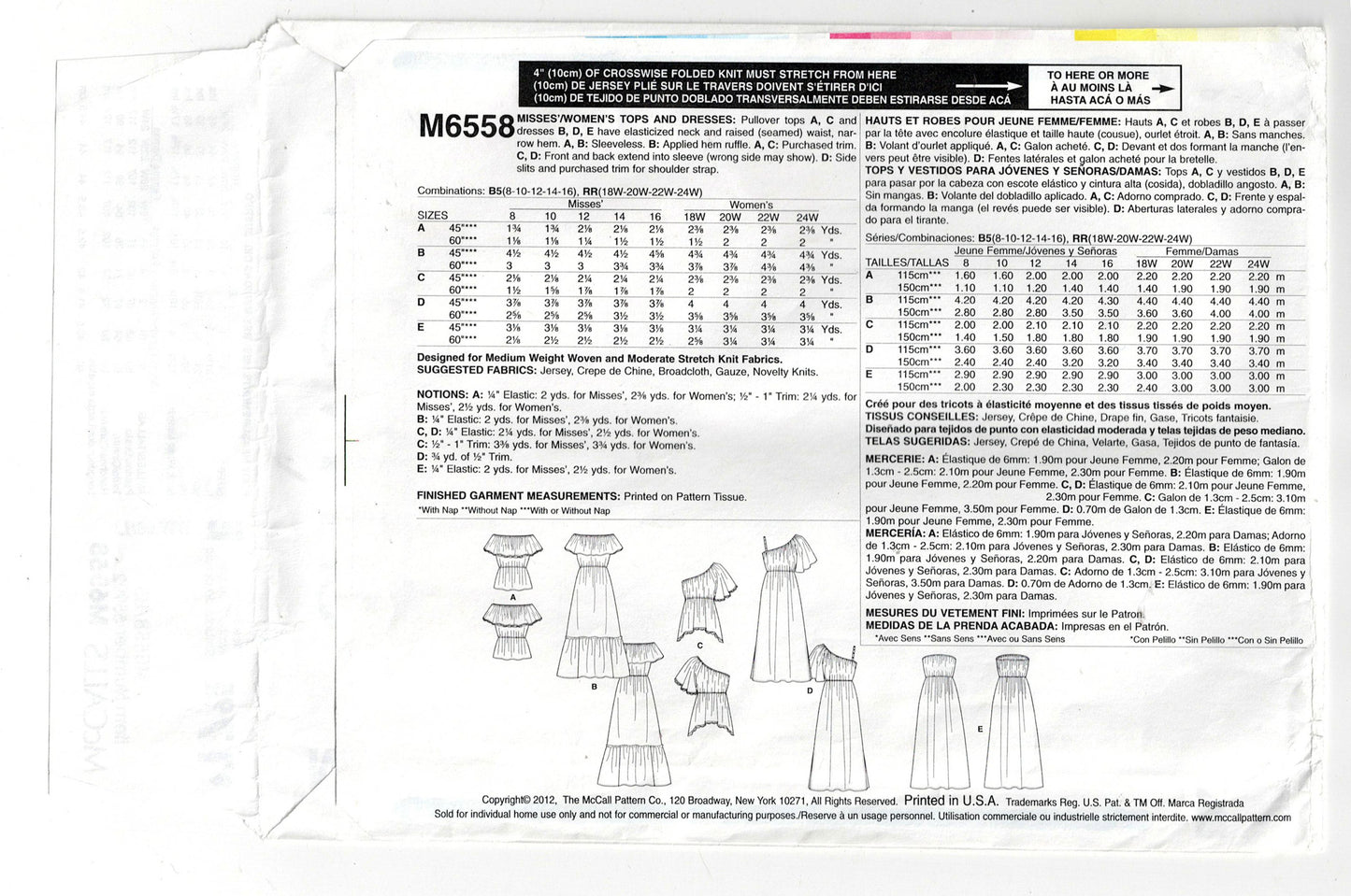 Patrón de costura agotado para blusas y vestidos campesinos con volantes anchos para mujer McCall's 6558, talla 18-24, sin cortar, doblado de fábrica