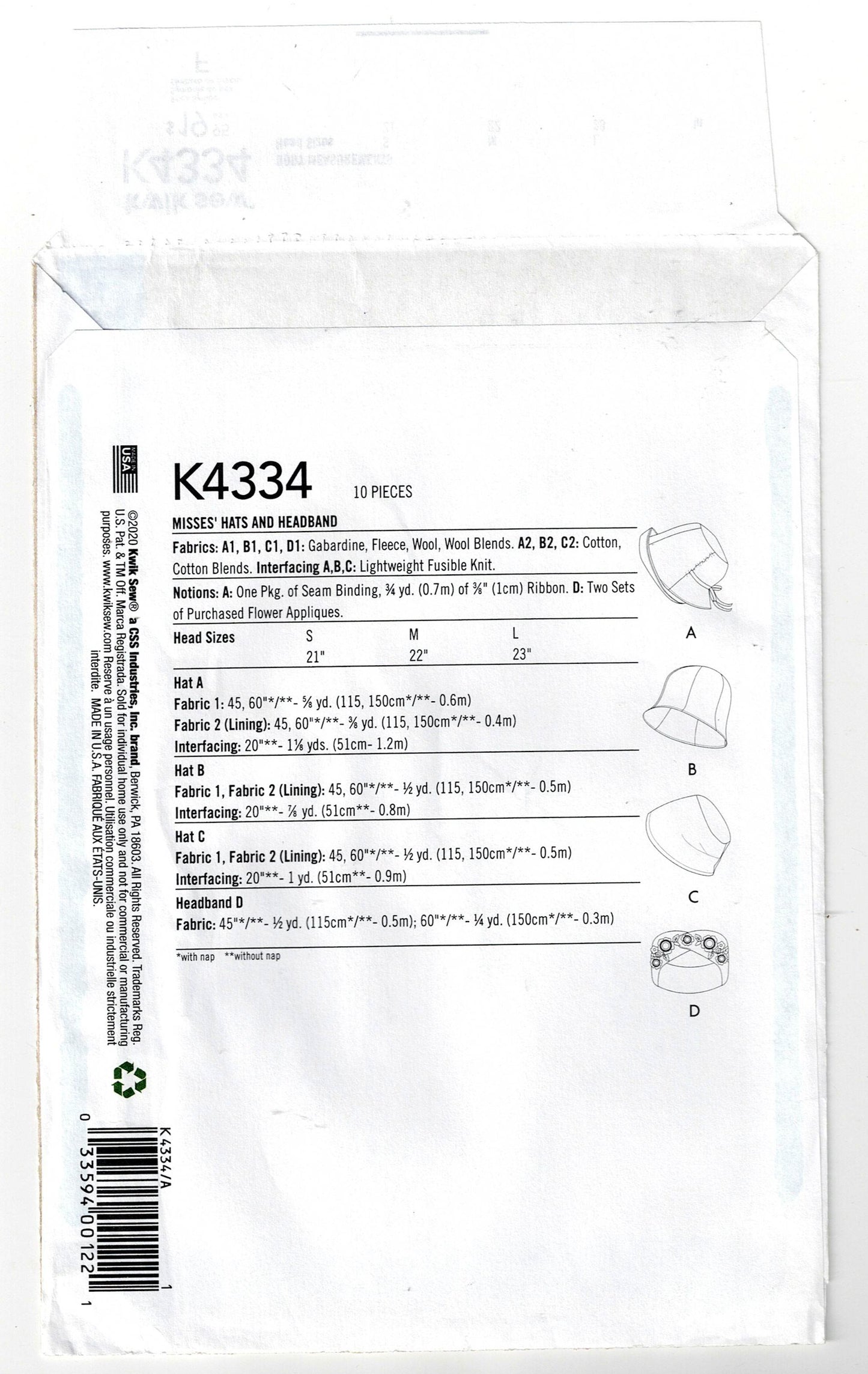 Kwik Sew 4334 Womens Hats & Headband Out Of Print Sewing Pattern All Sizes UNCUT Factory Folded