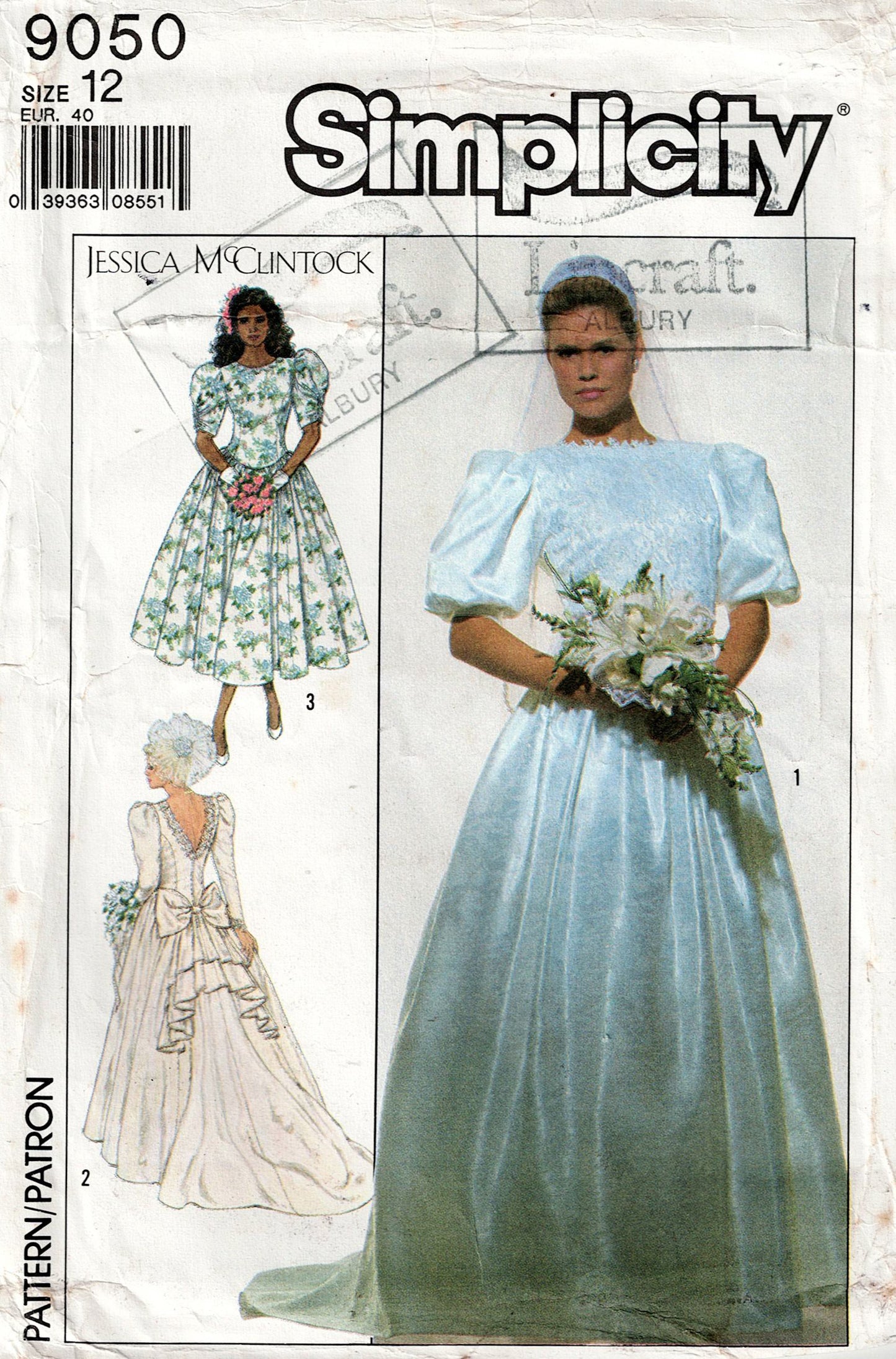 Patrón de costura vintage de los años 80 Simplicity 9050 JESSICA McCLINTOCK para vestido de novia o de dama de honor con espalda en V y mangas abullonadas, talla 16, busto de 38 pulgadas, sin cortar, doblado de fábrica